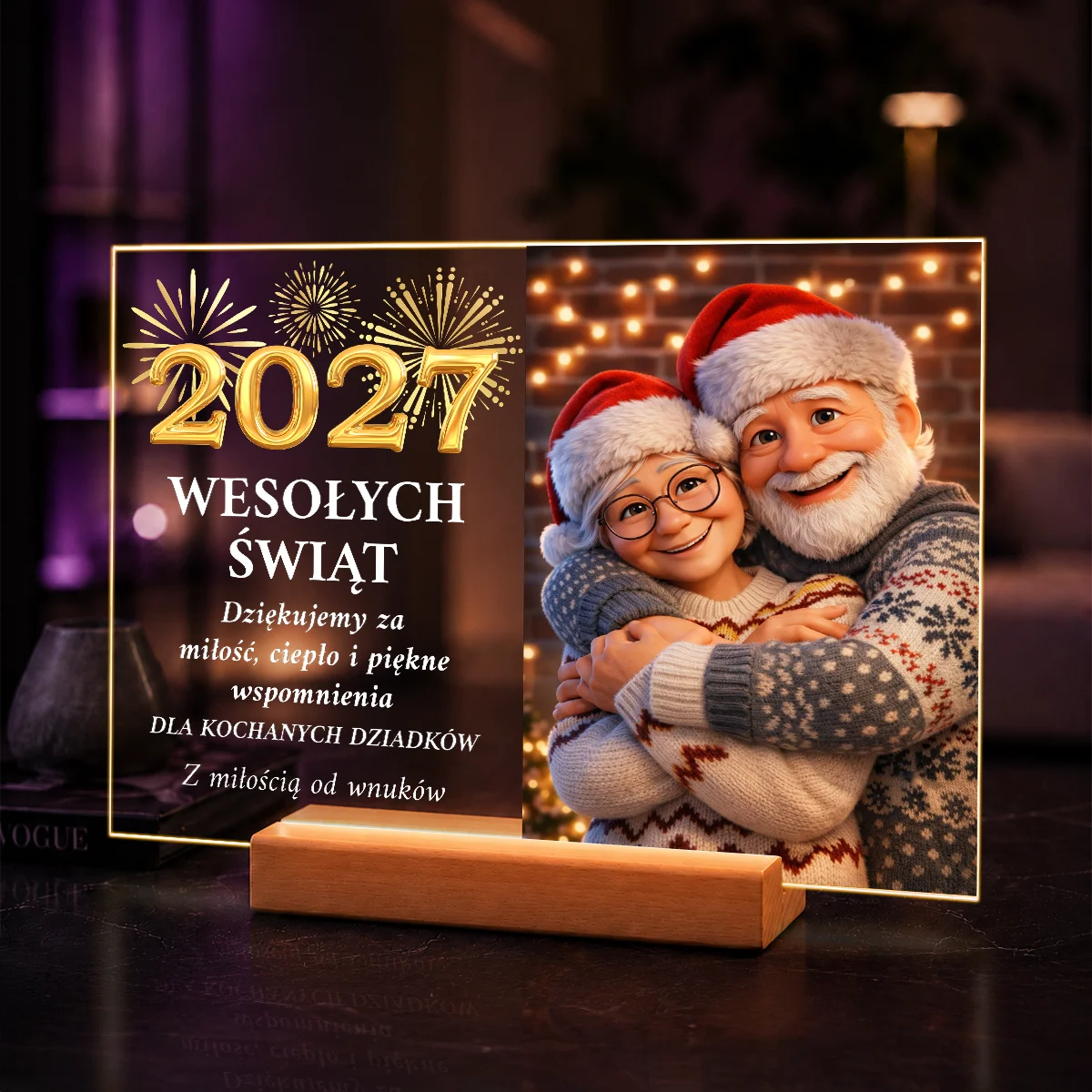 Portret AI dziadków w bajkowym stylu – prezent na święta od wnuków na szkle akrylowym ze zdjęcia