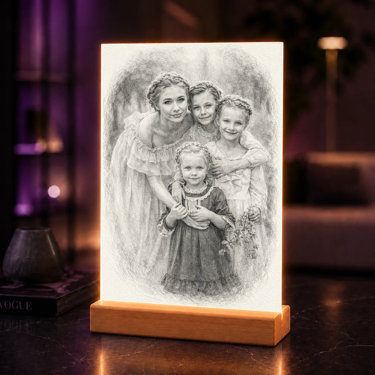 Szkicowy portret AI mamy z córkami – prezent na szkle akrylowym ze zdjęcia dla mamy