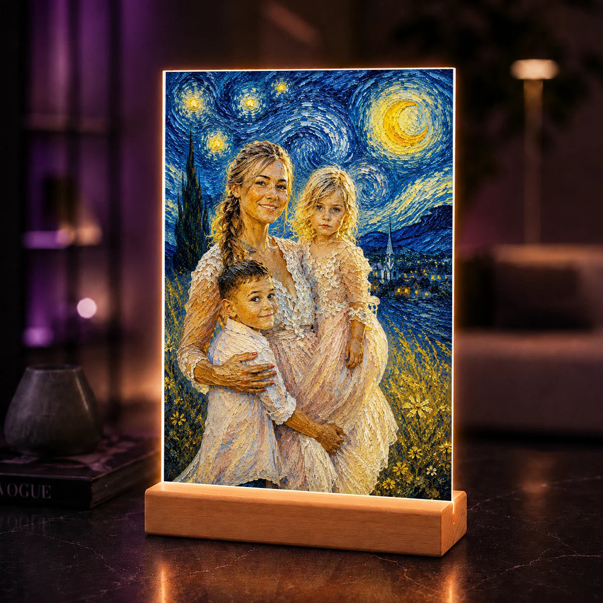 Portret AI mamy z dziećmi w stylu inspirowanym malarstwem Van Gogha – prezent na szkle akrylowym ze zdjęcia