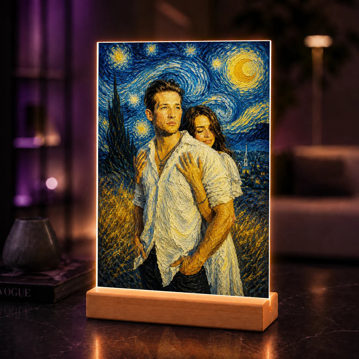 Portret AI pary w stylu inspirowanym malarstwem Van Gogha – romantyczna pamiątka na szkle akrylowym ze zdjęcia
