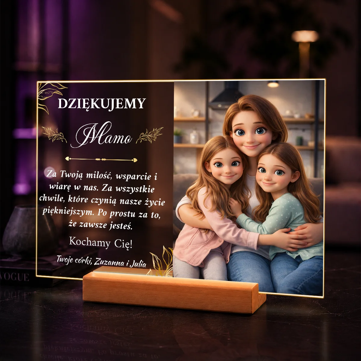Portret AI mamy z córkami w bajkowym stylu – prezent z podziękowaniem na szkle akrylowym ze zdjęcia