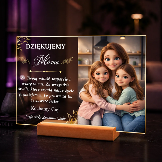 Portret AI mamy z córkami w bajkowym stylu – prezent z podziękowaniem na szkle akrylowym ze zdjęcia