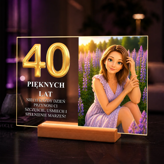 Portret AI kobiety w bajkowym stylu – prezent na 40 urodziny na szkle akrylowym ze zdjęcia