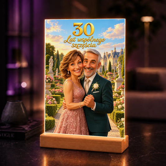 Portret AI pary w stylu karykatury z napisem 30 lat wspólnego szczęścia – prezent na 30 rocznicę ślubu na szkle akrylowym