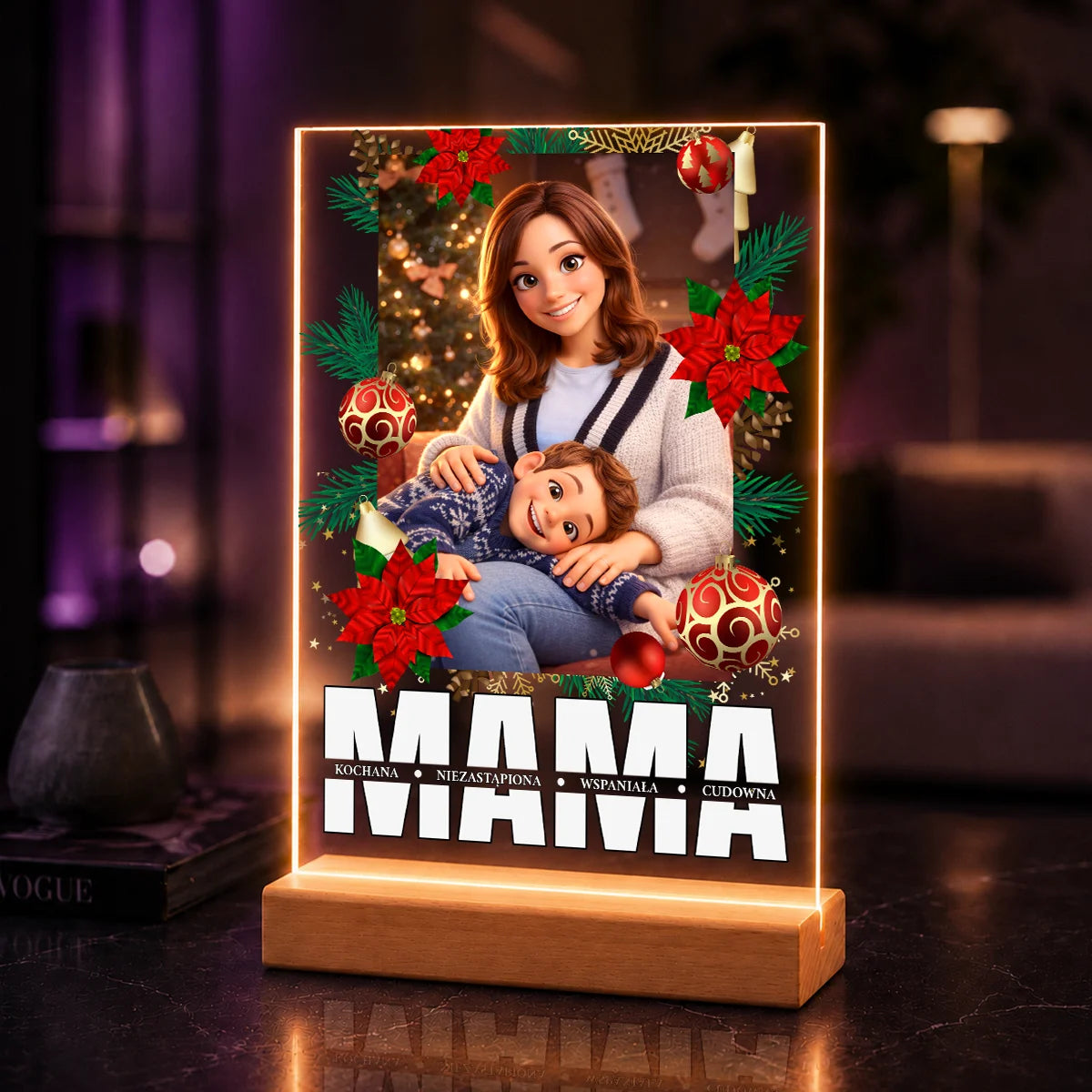 Portret AI mamy z synem w bajkowym stylu – prezent na święta na szkle akrylowym ze zdjęcia