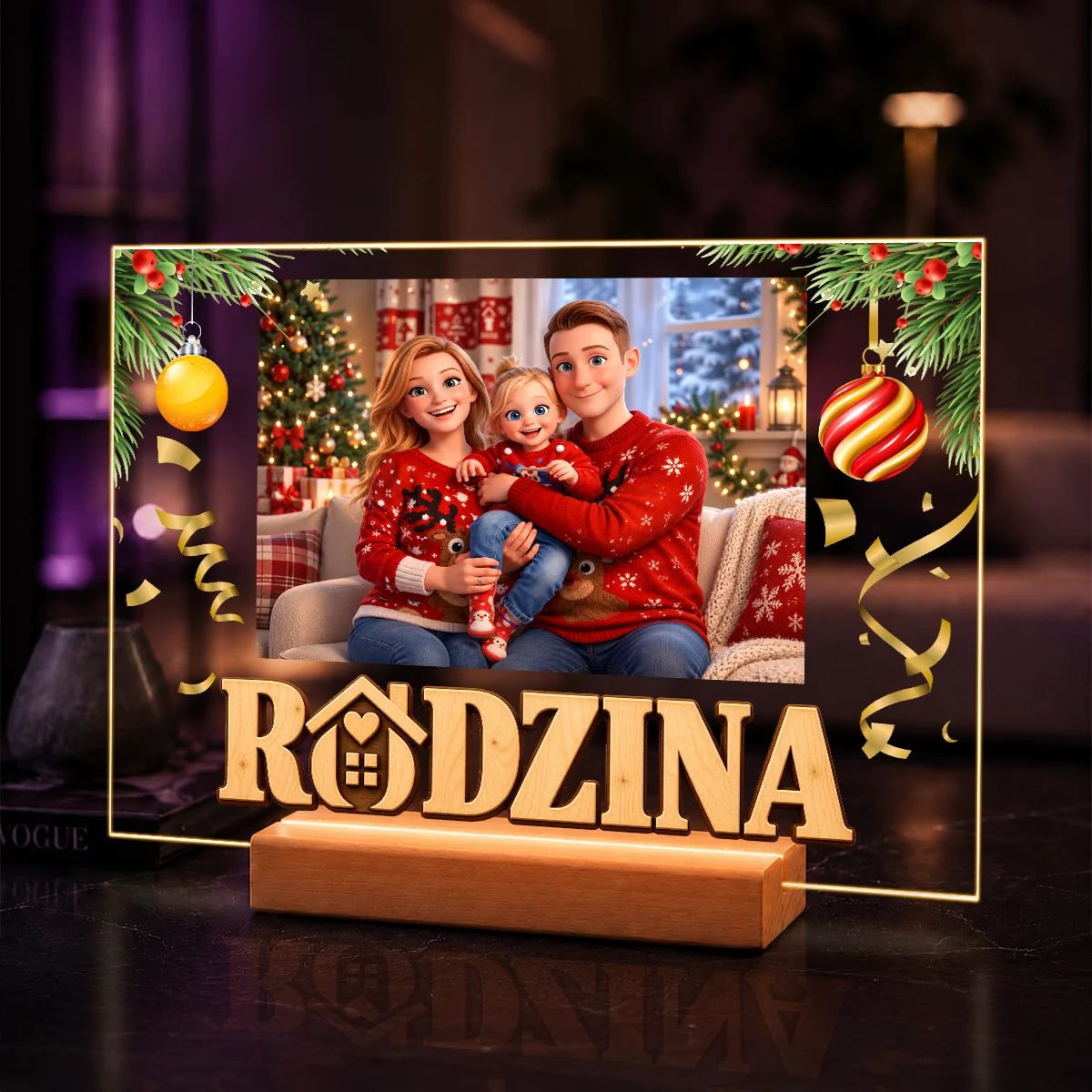 Portret AI rodziny w bajkowym stylu – prezent na święta na szkle akrylowym ze zdjęcia