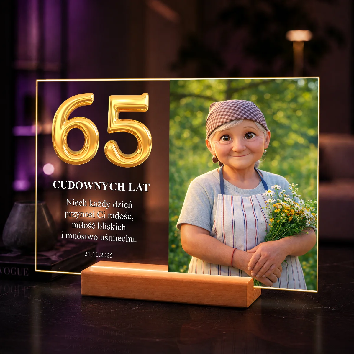 Portret AI na szkle akrylowym ze zdjęcia – personalizowany prezent na 65. urodziny