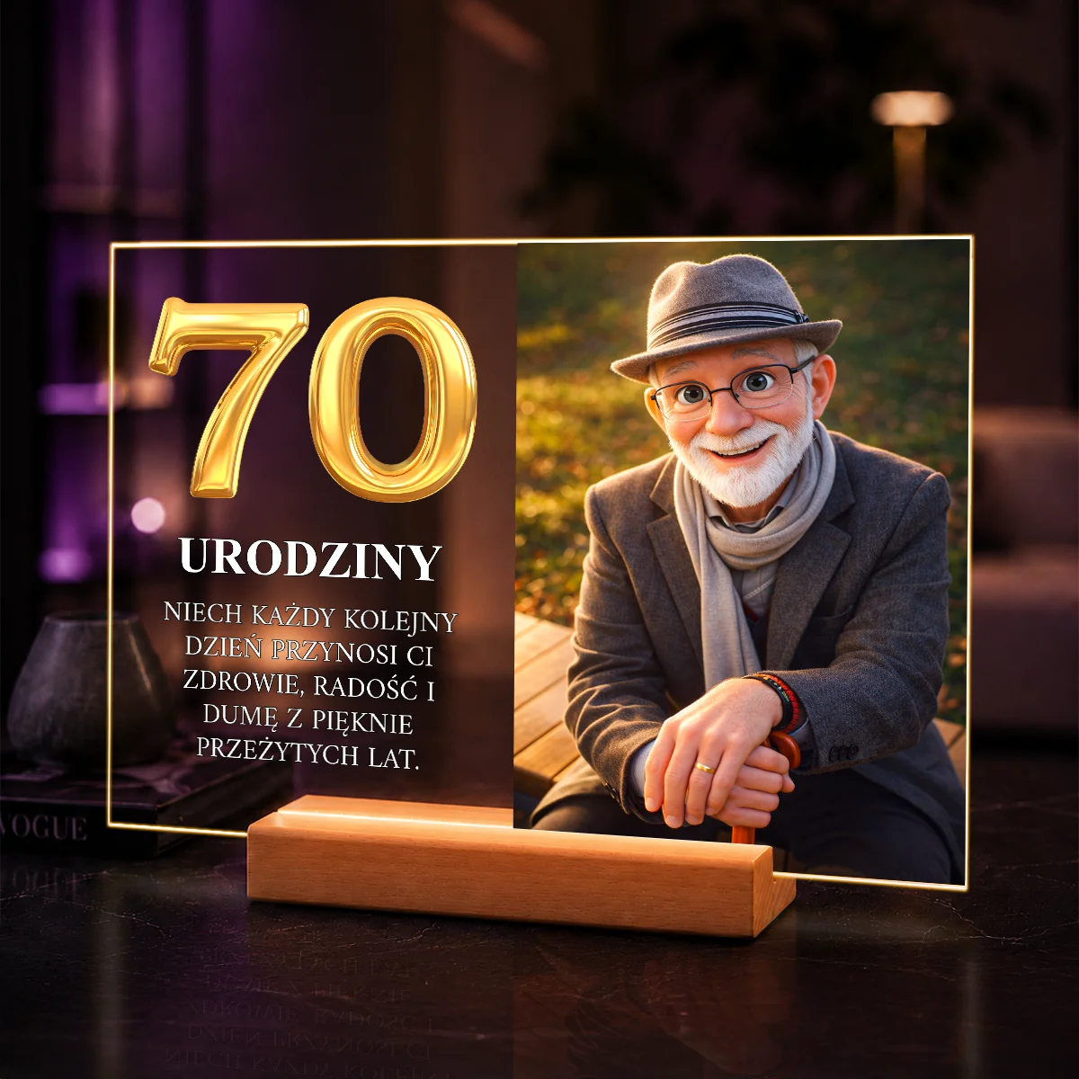 Portret AI dziadka w stylu bajkowym – prezent na 70 urodziny na szkle ze zdjęcia