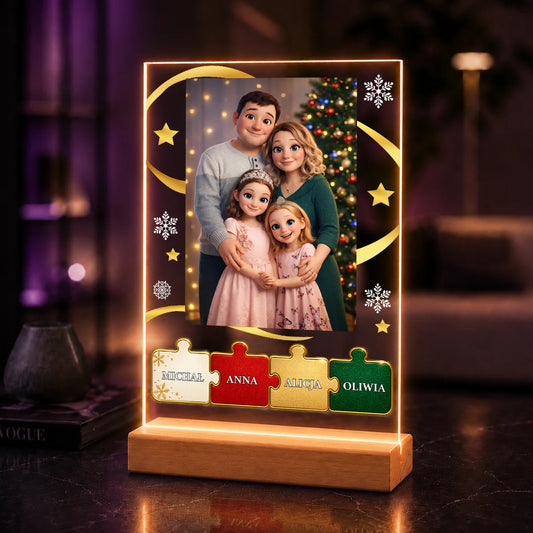 Portret AI rodziny z imionami na puzzlach w bajkowym stylu – prezent na święta na szkle akrylowym ze zdjęcia