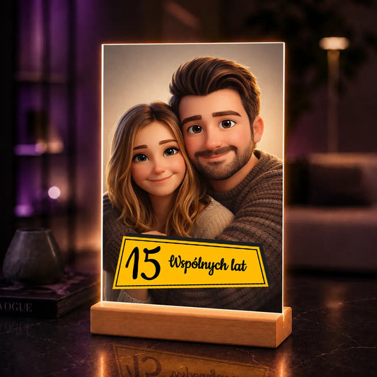 Portret AI pary w stylu bajkowym – prezent na 15 rocznicę na szkle akrylowym ze zdjęcia