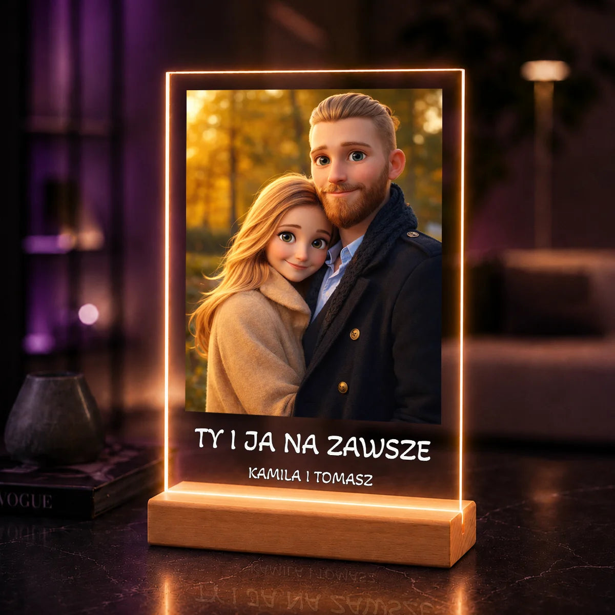 Romantyczny portret AI pary na szkle akrylowym wykonany ze wspólnego zdjęcia