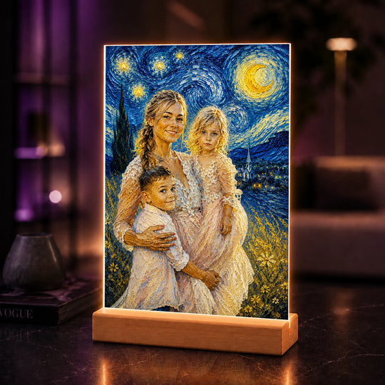 Prezent dla mamy na urodziny – portret na szkle ze zdjęcia Mama i dzieci w stylu impresji