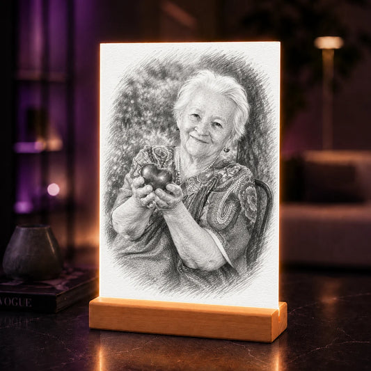 Portret AI babci w stylu ołówkowego szkicu – prezent na urodziny i Dzień Babci na szkle akrylowym ze zdjęcia