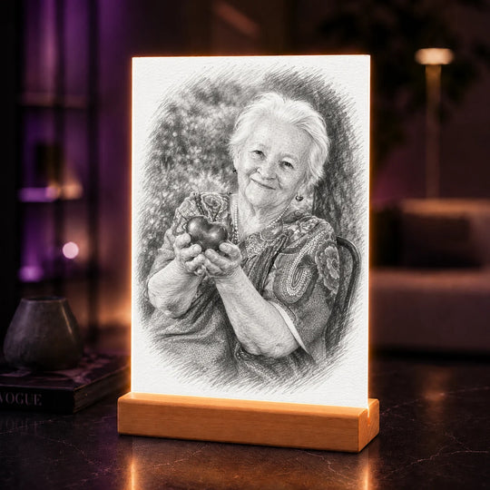 Wyjątkowy prezent dla babci na urodziny – portret na szkle ze zdjęcia w stylu ołówkowego szkicu