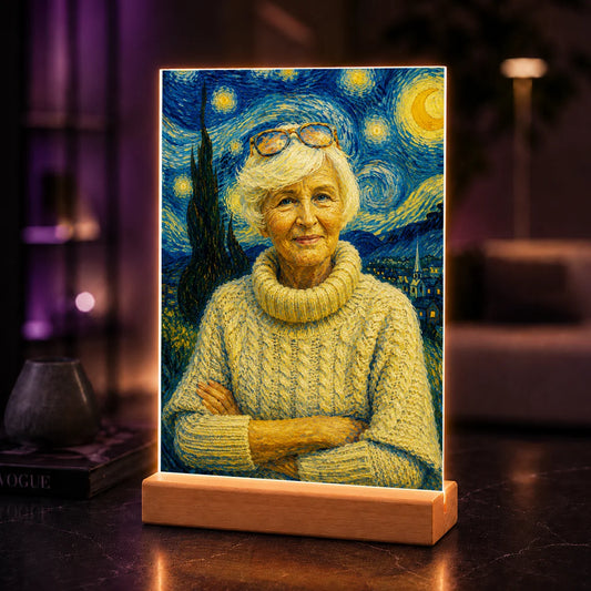 Portret AI babci w stylu inspirowanym malarstwem Van Gogha – prezent na urodziny i Dzień Babci na szkle akrylowym ze zdjęcia