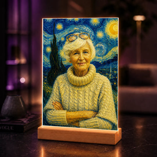 Oryginalny prezent dla babci na urodziny – portret na szkle ze zdjęcia w stylu inspirowanym Van Goghiem