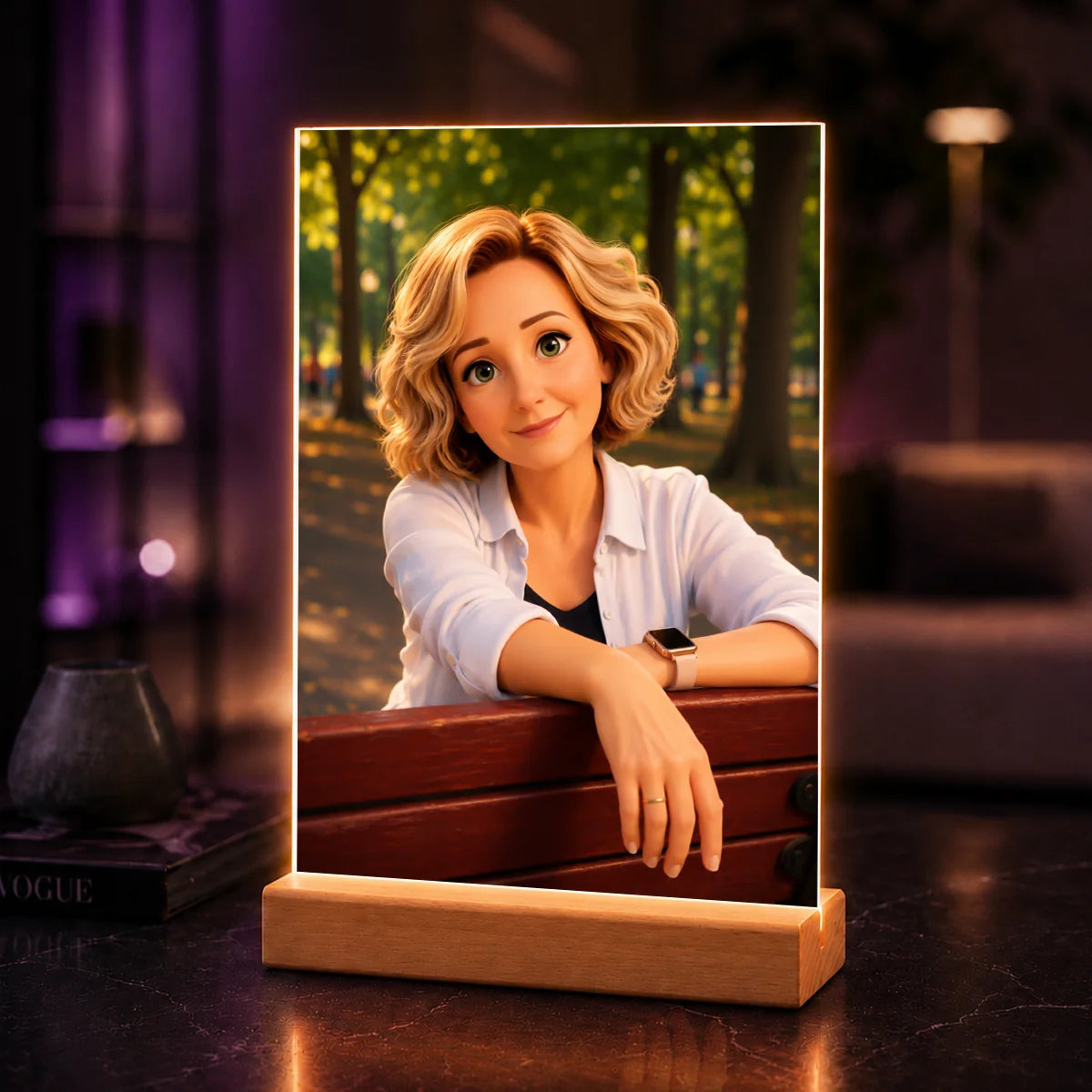 Bajkowy portret kobiety na szkle akrylowym wykonany ze zdjęcia – personalizowany prezent AI dla niej