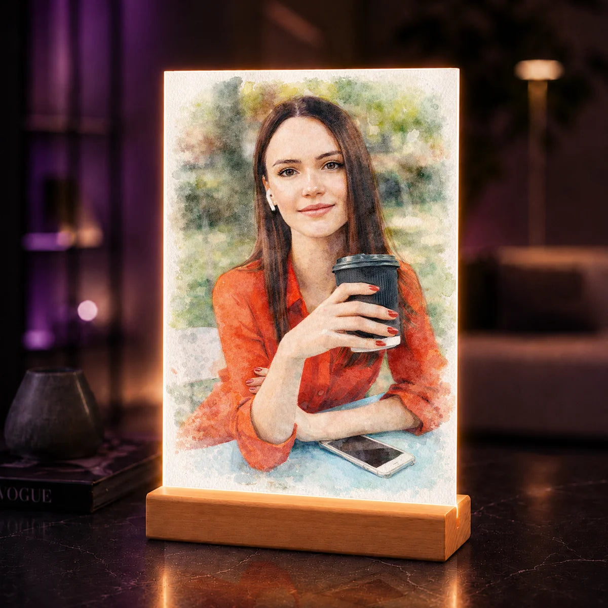 Portret AI kobiety w stylu akwarelowym na szkle akrylowym wykonany ze zdjęcia – personalizowany prezent dla niej