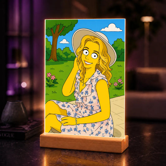 Portret AI kobiety w stylu kreskówki na szkle akrylowym wykonany ze zdjęcia – personalizowany prezent dla niej