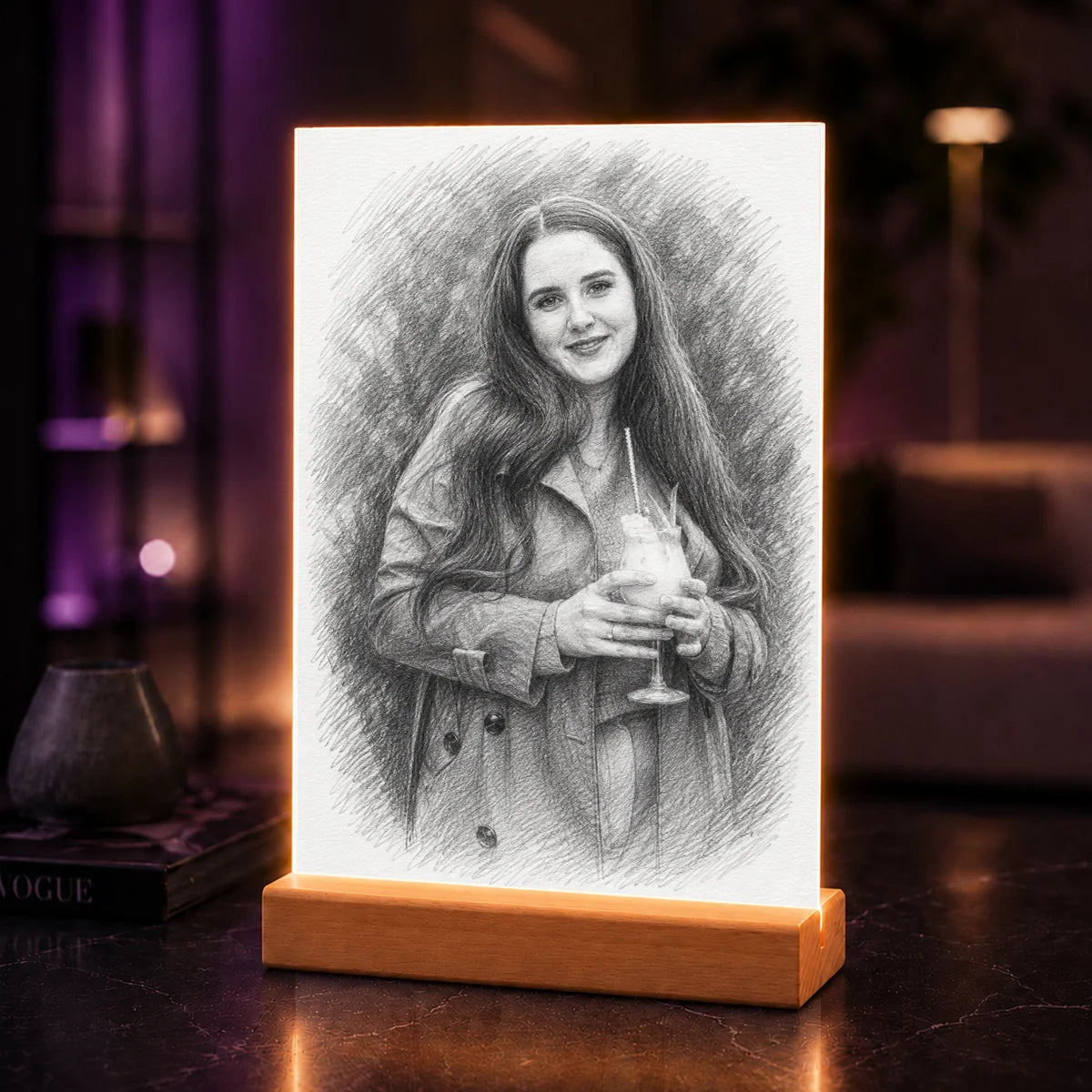 Portret AI kobiety w stylu szkicu ołówkiem na szkle akrylowym wykonany ze zdjęcia – personalizowany prezent dla niej