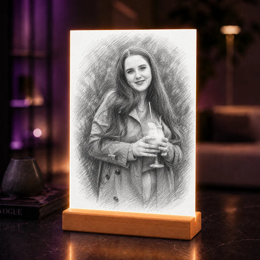 Portret AI kobiety w stylu szkicu ołówkiem na szkle akrylowym wykonany ze zdjęcia – personalizowany prezent dla niej