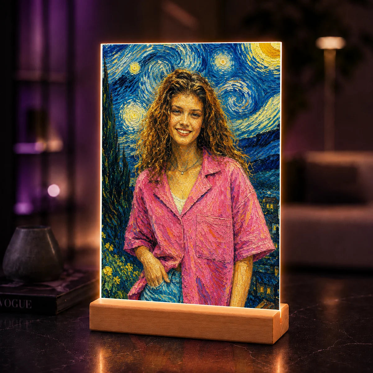 Portret AI kobiety na szkle akrylowym w stylu inspirowanym Van Goghiem wykonany ze zdjęcia – personalizowany prezent dla niej