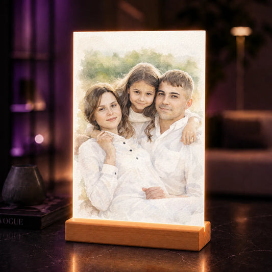 Rodzinny portret AI na szkle akrylowym w stylu akwarelowym wykonany ze zdjęcia – personalizowany prezent dla rodziców