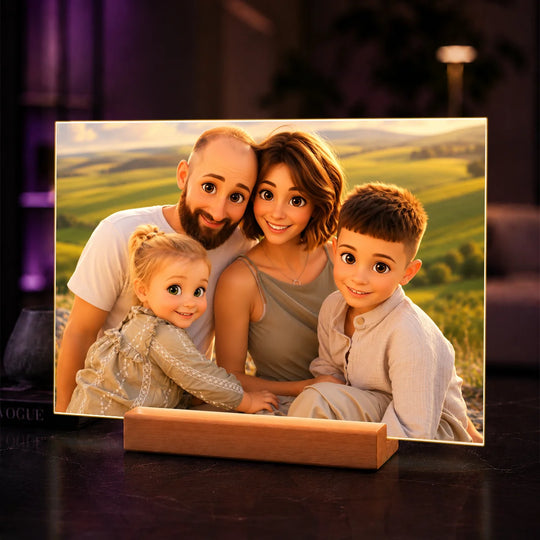 Prezent dla rodziców – portret na szkle ze zdjęcia Rodzice z dziećmi w stylu bajkowej ilustracji